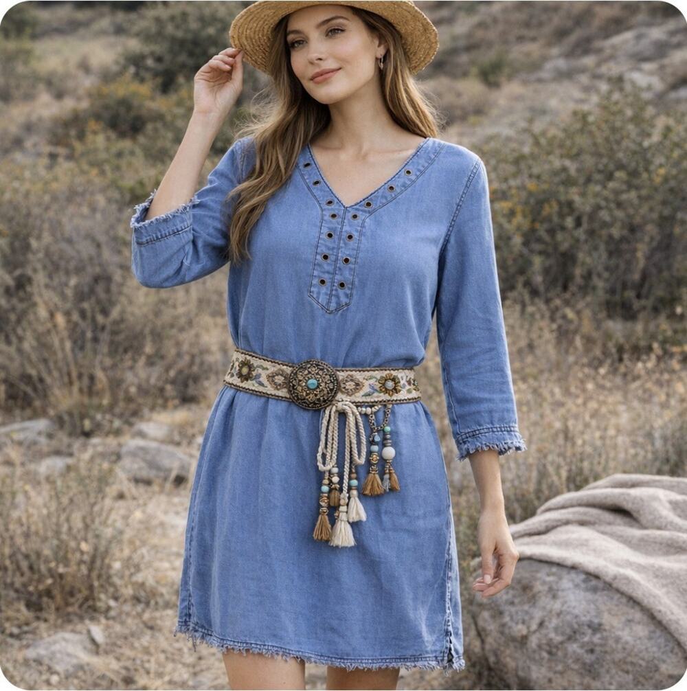 Michael Stars Tencel Chambray Dress Medium Blue Grommet V Neck Boho Shift Dress